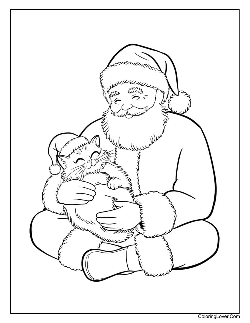 Santa Claus cuddling cat coloring sheet
