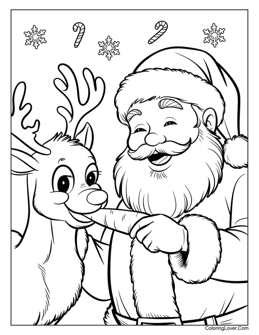 Santa Claus feeding reindeer coloring sheet
