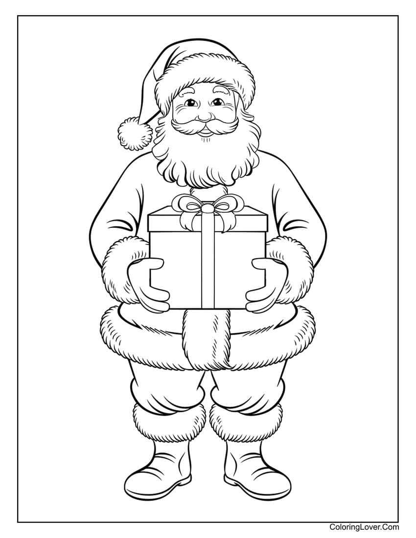 Santa Claus holding a gift coloring sheet for kids