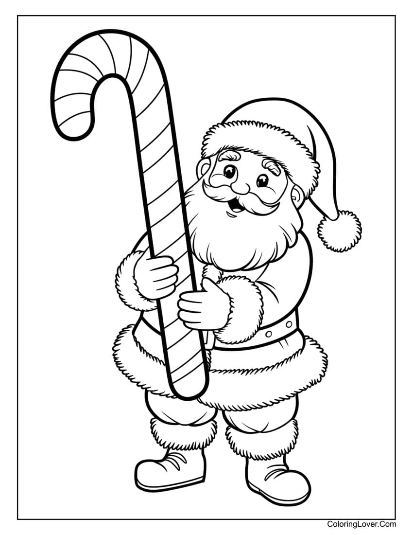 Santa Claus holding candy cane coloring page for preschool
