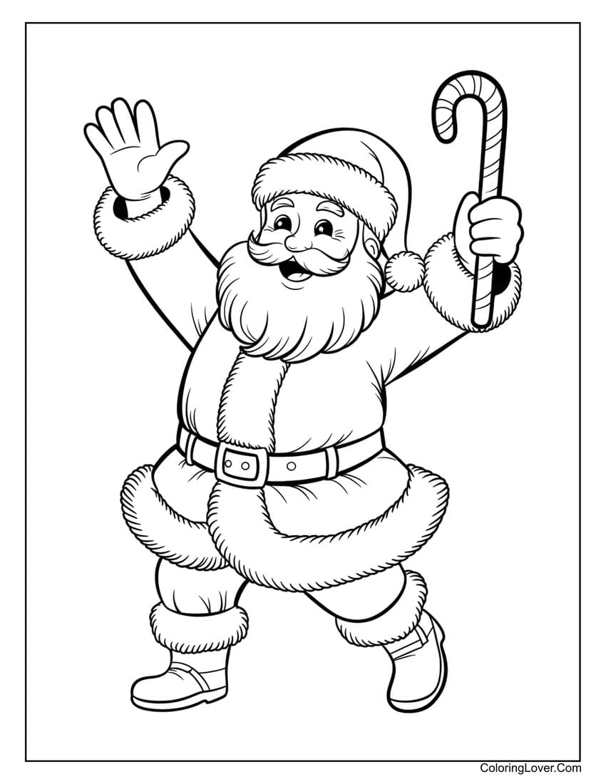 Santa Claus waving with candy cane coloring page