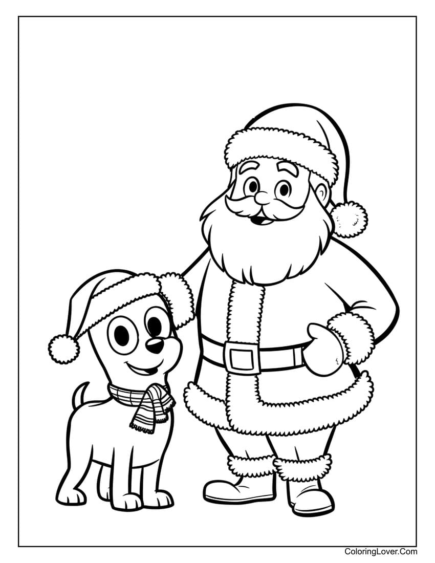 Santa Claus with cheerful dog coloring page for kids
