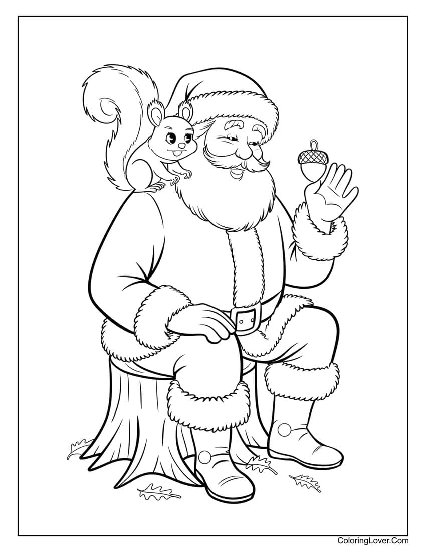 Santa Claus with squirrel on a tree stump coloring page for kids
