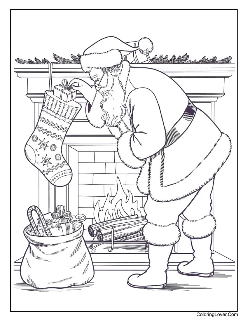 Santa filling a Christmas stocking by the fireplace coloring page
