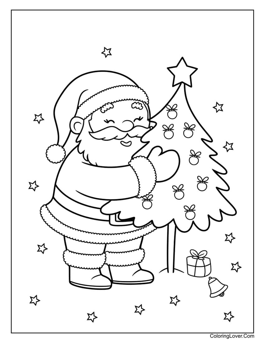 Santa hugging Christmas tree coloring sheet for kids