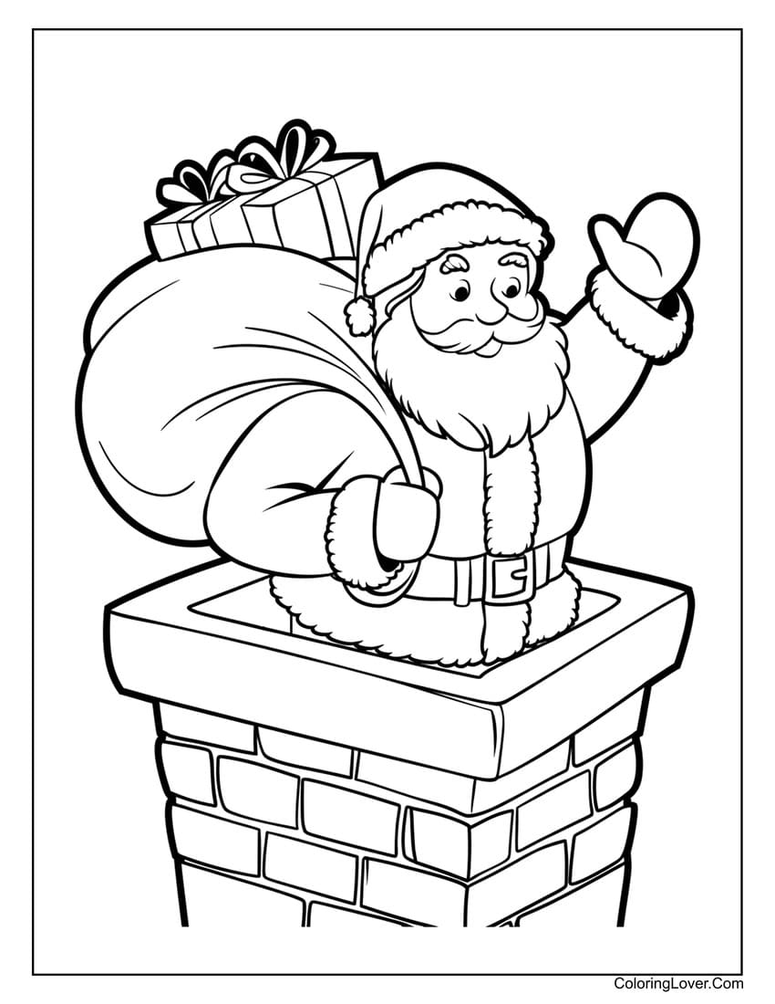 Santa in chimney with gifts coloring page
