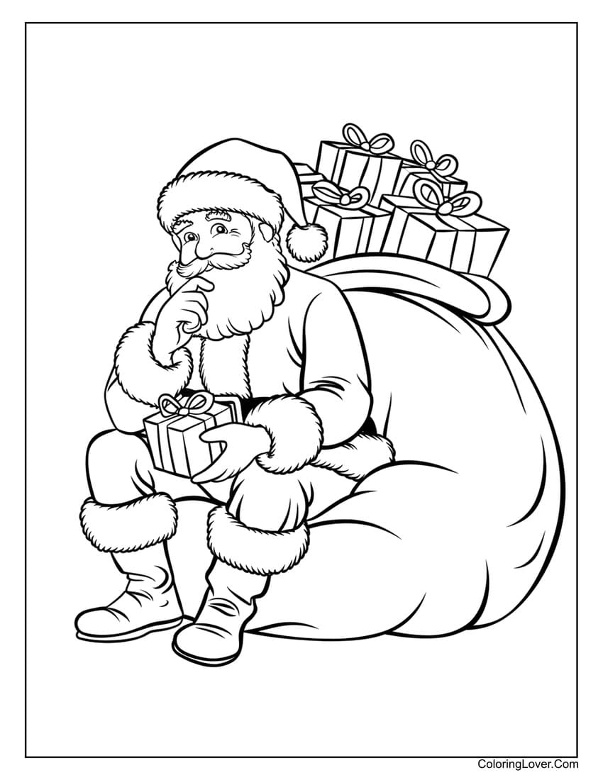 Santa sitting with big gift sack coloring sheet
