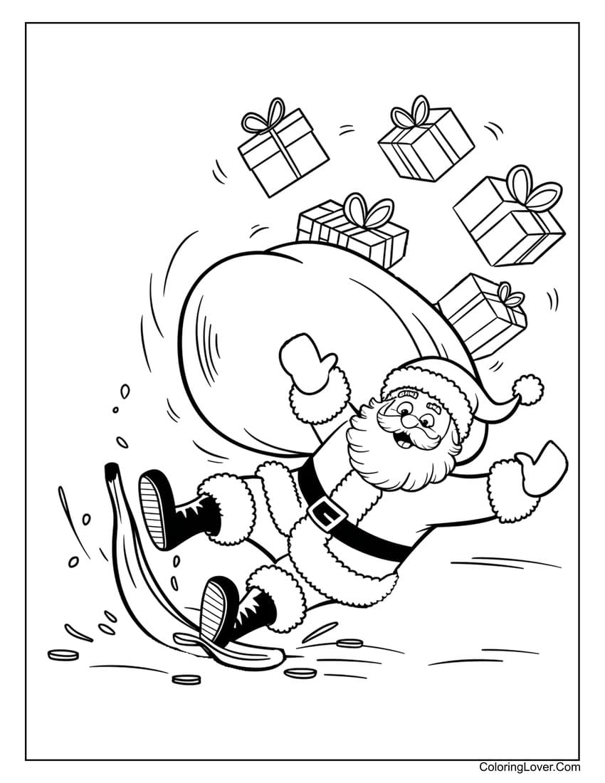 Santa skiing with gifts coloring sheet for preschool
