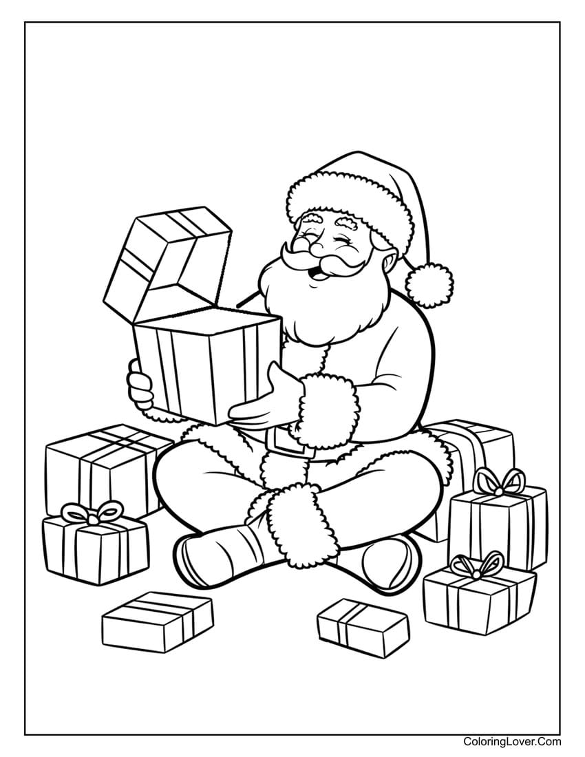 Santa unwrapping presents coloring page for kids
