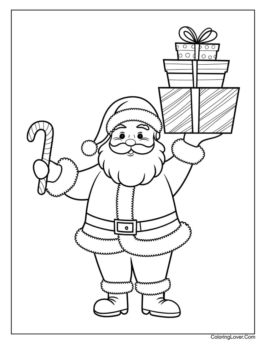 Santa with gifts and candy cane coloring page
