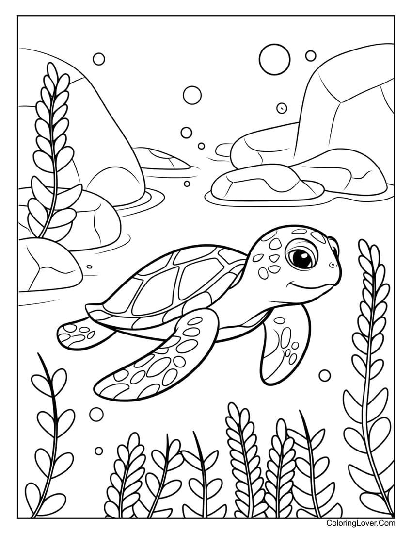 sea turtle with plants coloring page