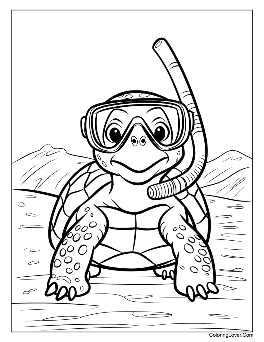 snorkeling turtle coloring page for kids