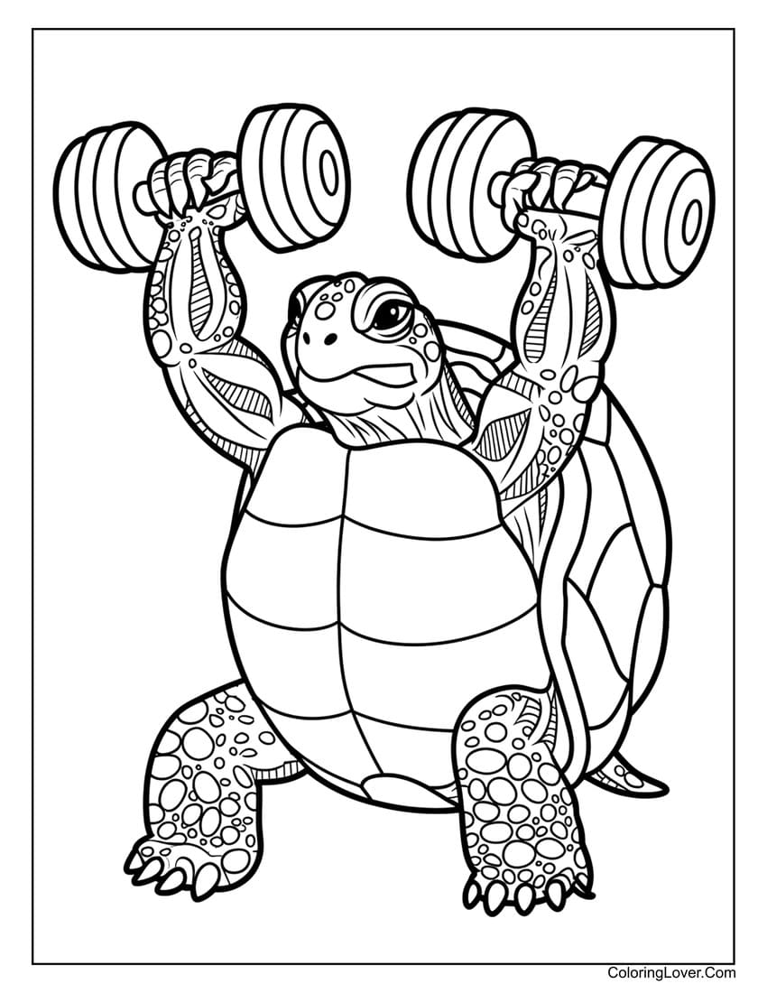 strong turtle weightlifting coloring page for kids