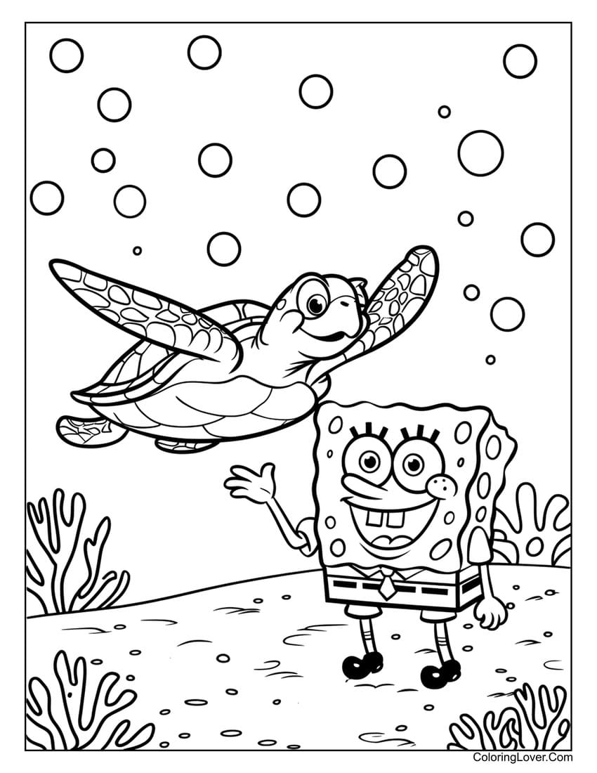 turtle and SpongeBob underwater coloring page