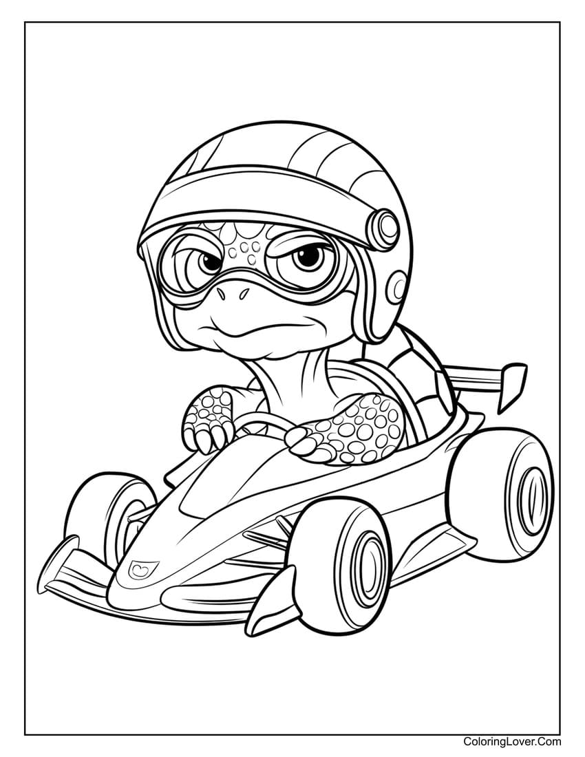 turtle racing in a go-kart coloring page