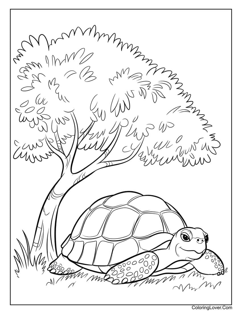 turtle resting under tree coloring page for kids