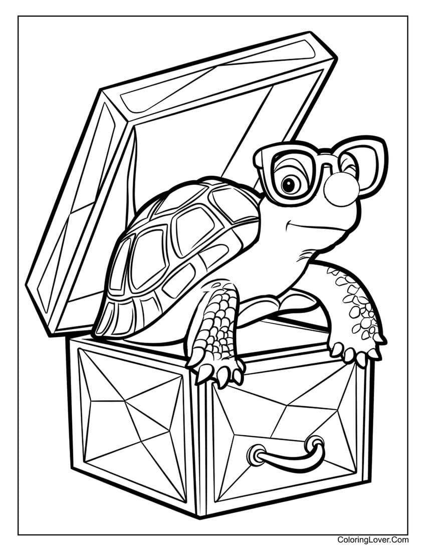 turtle wearing glasses in a box coloring page