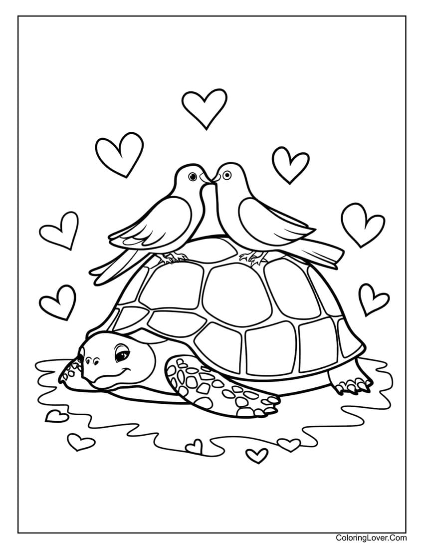 turtle with love birds coloring page