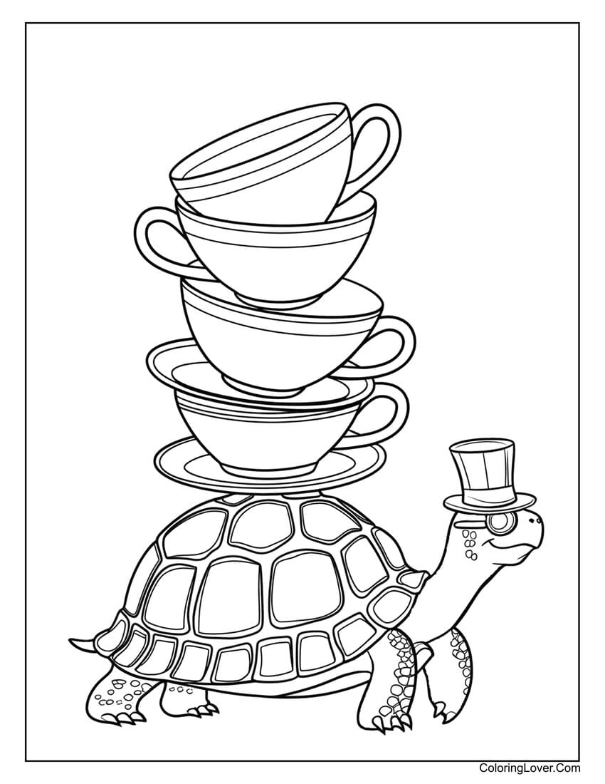 turtle with stacked teacups coloring sheet
