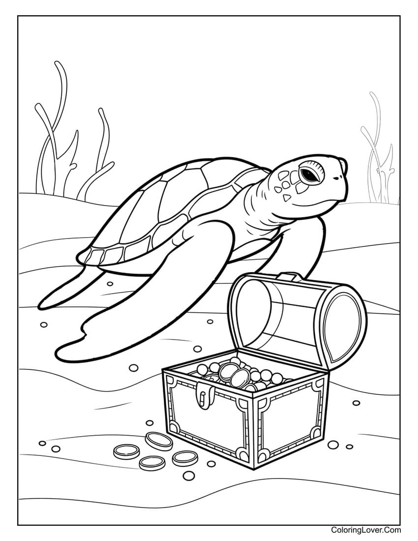 turtle with treasure chest coloring page