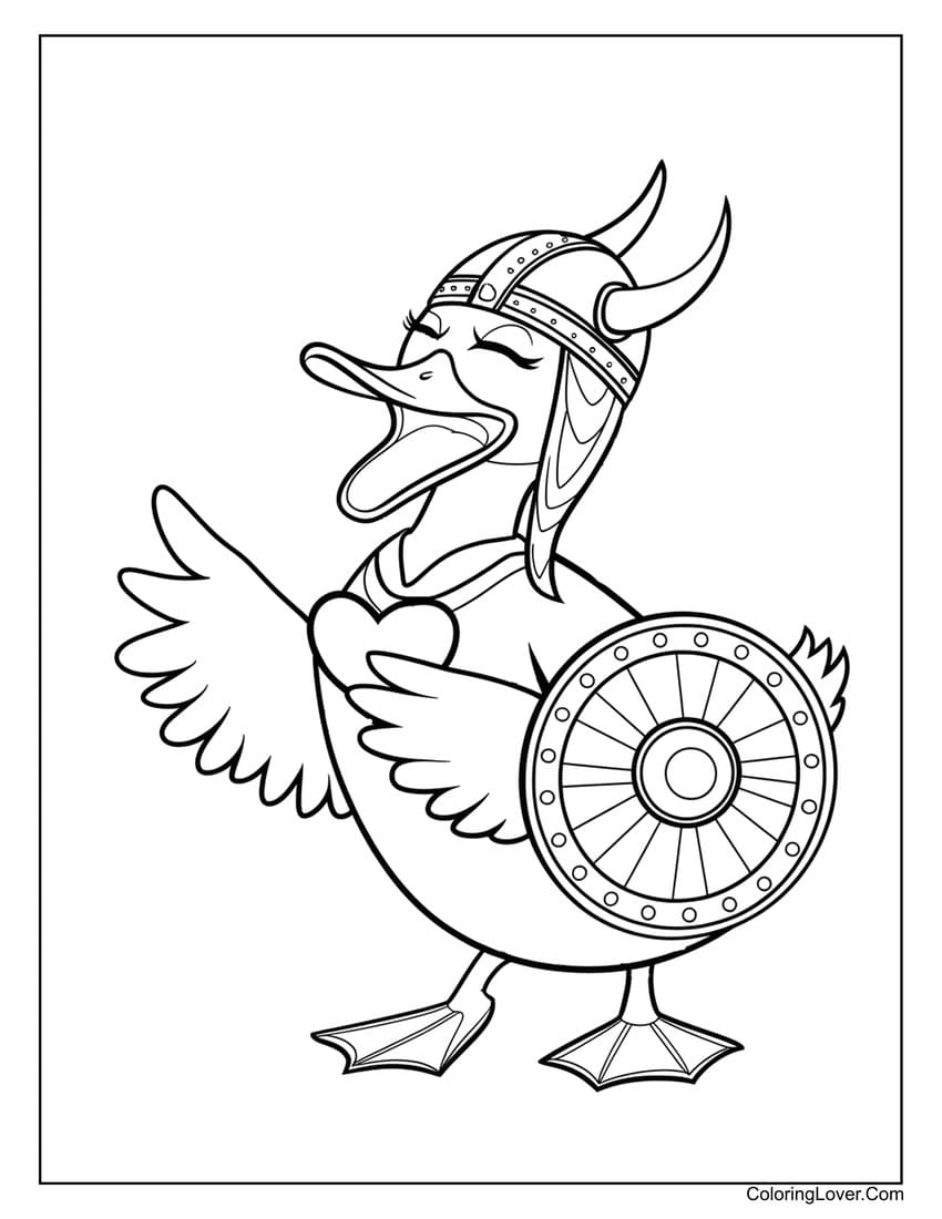 Viking duck coloring page with helmet and shield
