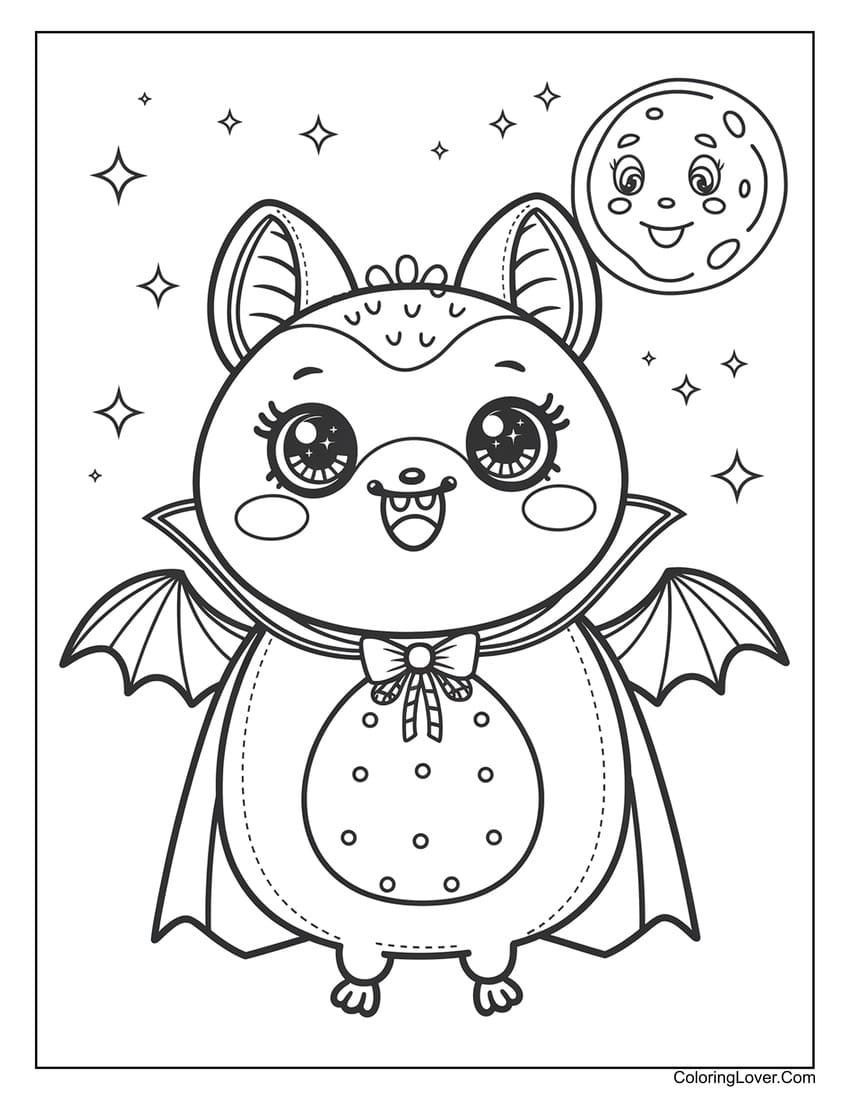 Adorable bat with bow tie under the moon coloring page