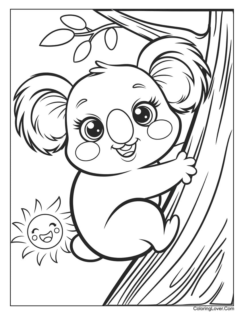 Adorable cute koala coloring sheet climbing a tree