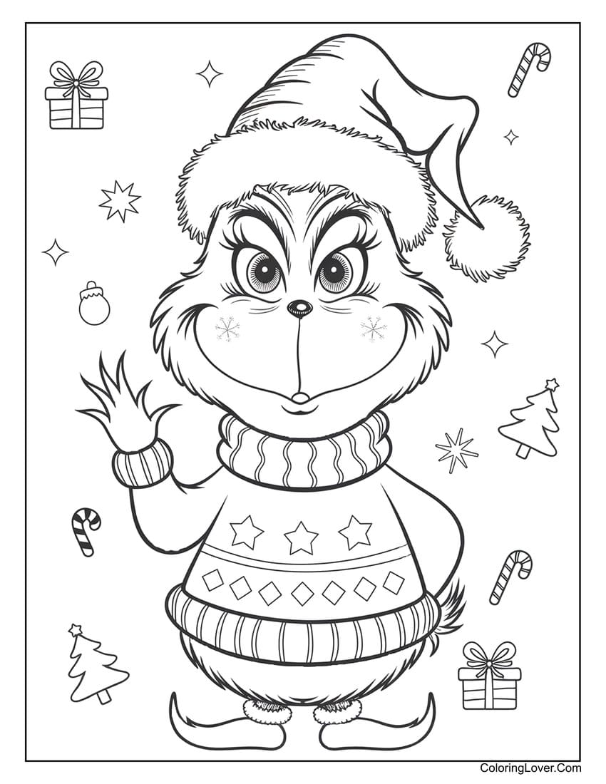 Adorable Grinch in Christmas sweater coloring page