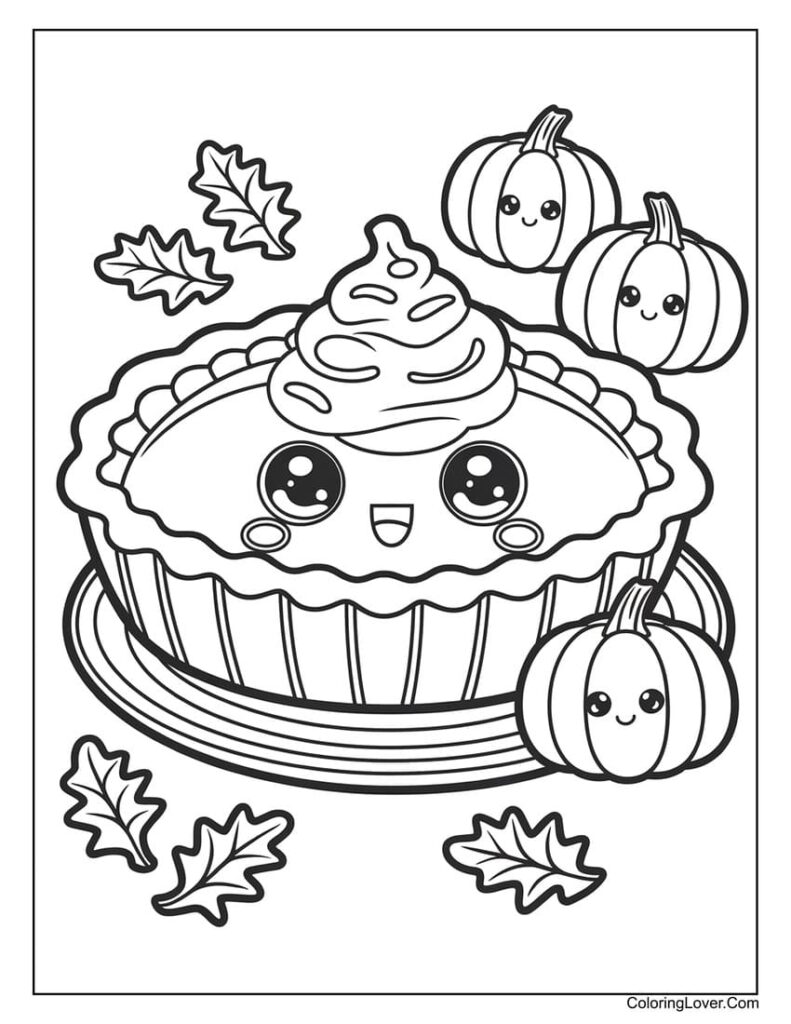 Adorable pumpkin pie with smiling face coloring page