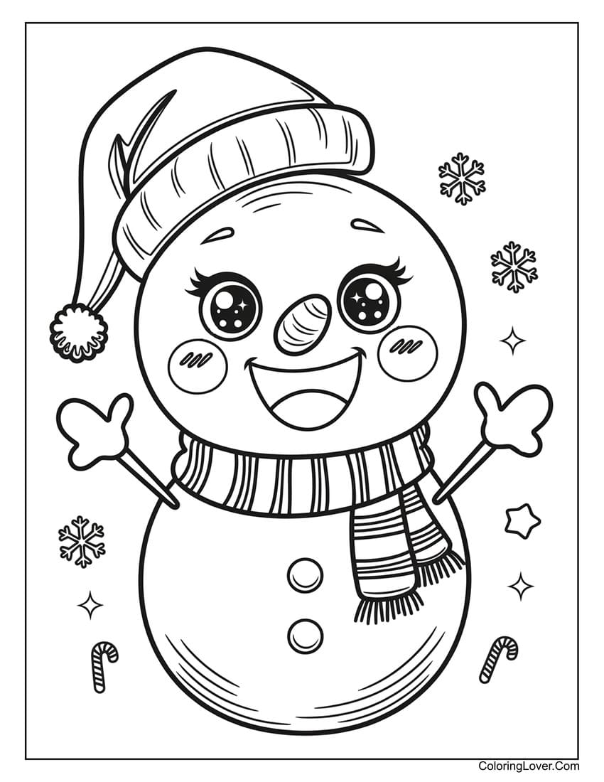 Adorable snowman with winter hat coloring page