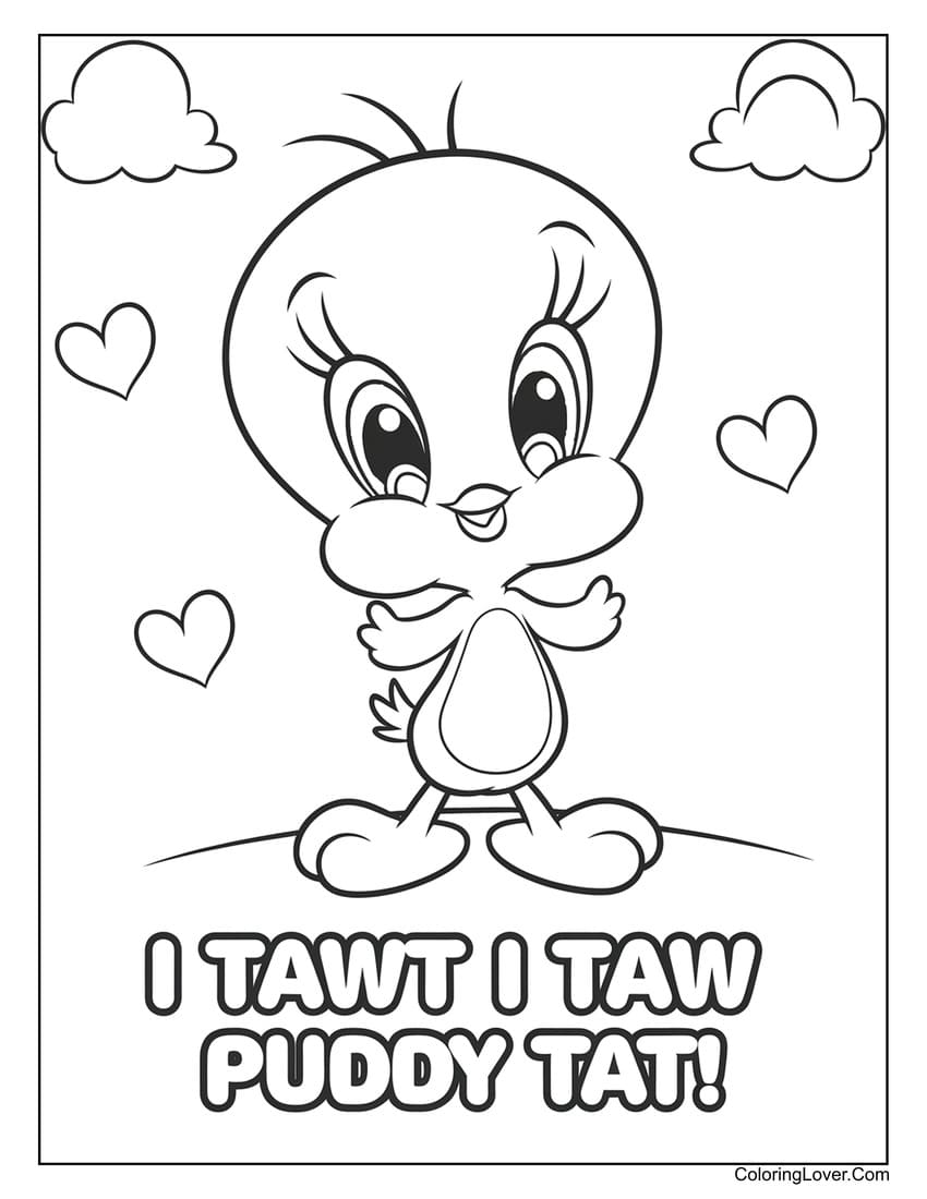 Adorable Tweety bird with hearts coloring sheet