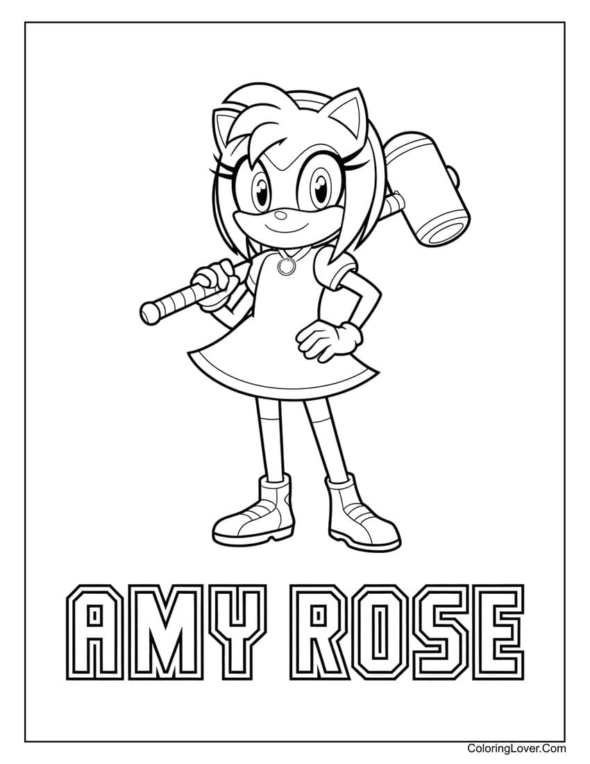 Amy Rose with her iconic hammer coloring page for kids