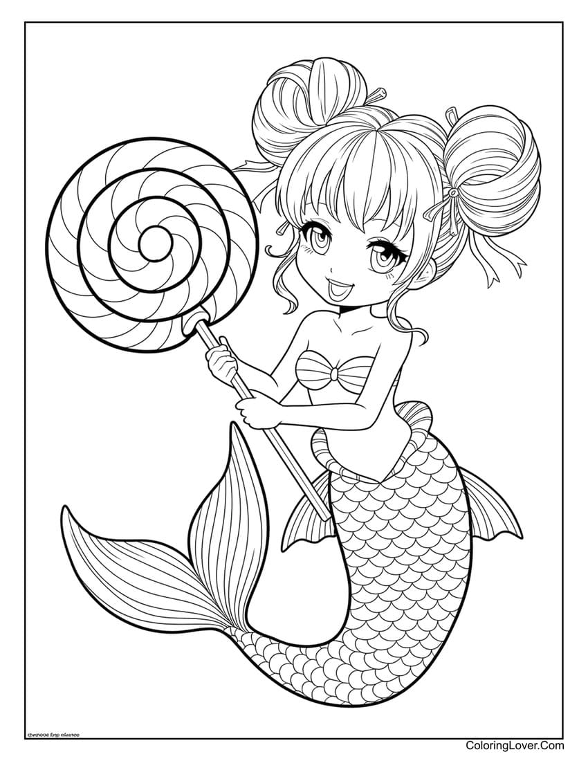 Anime mermaid holding a lollipop coloring page