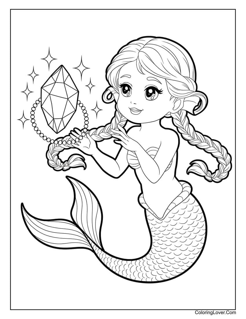 Anime mermaid holding a sparkling crystal coloring page