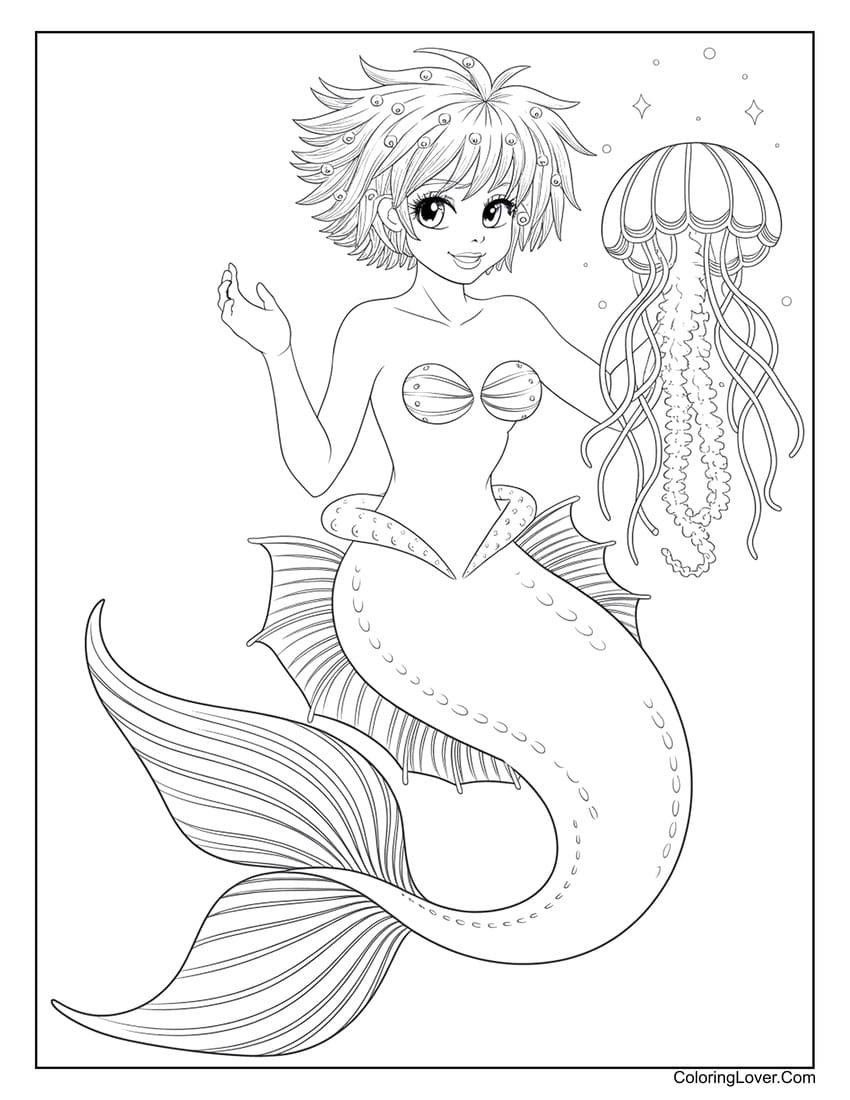 Anime mermaid playing with a jellyfish coloring page