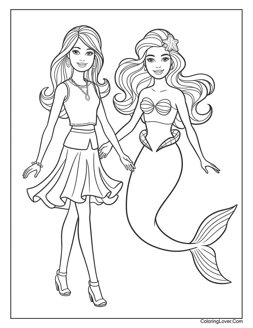 Barbie and mermaid friend coloring page for girls