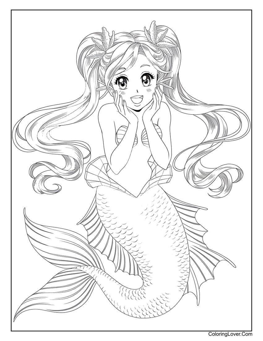 Beautiful anime mermaid with long hair coloring sheet