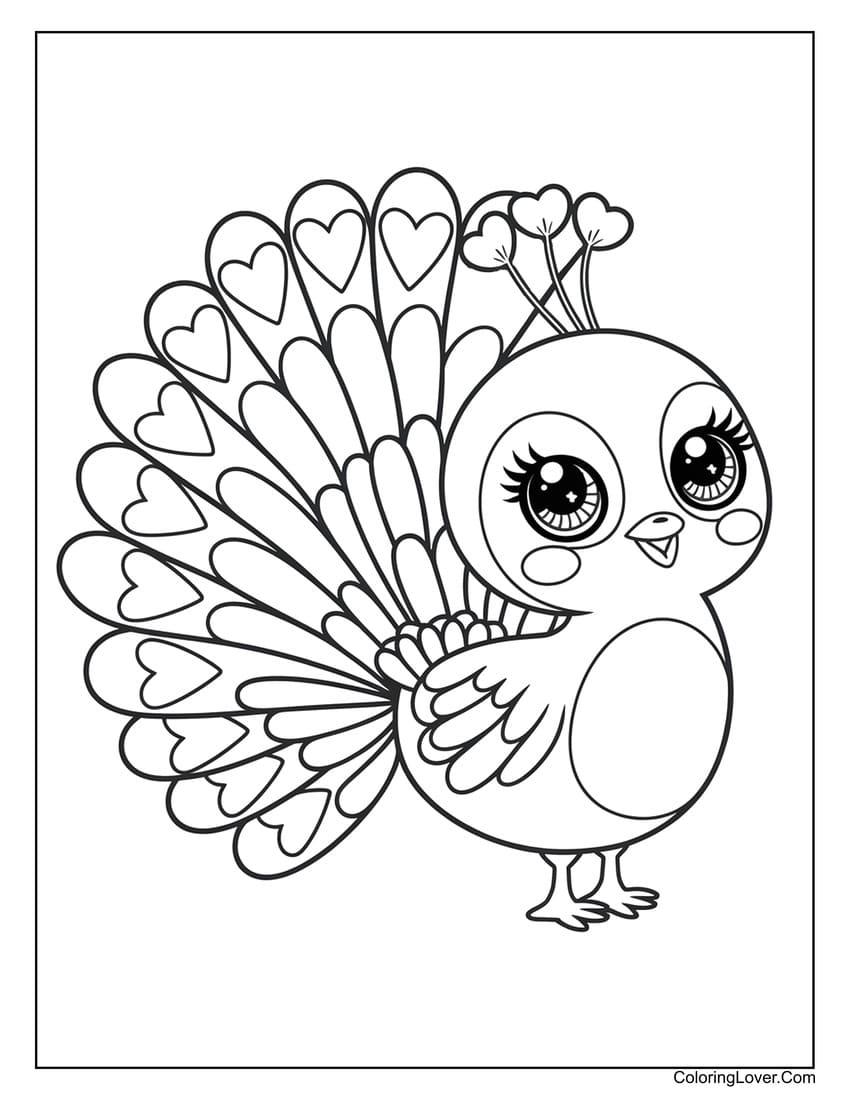 Beautiful peacock with heart feathers coloring page