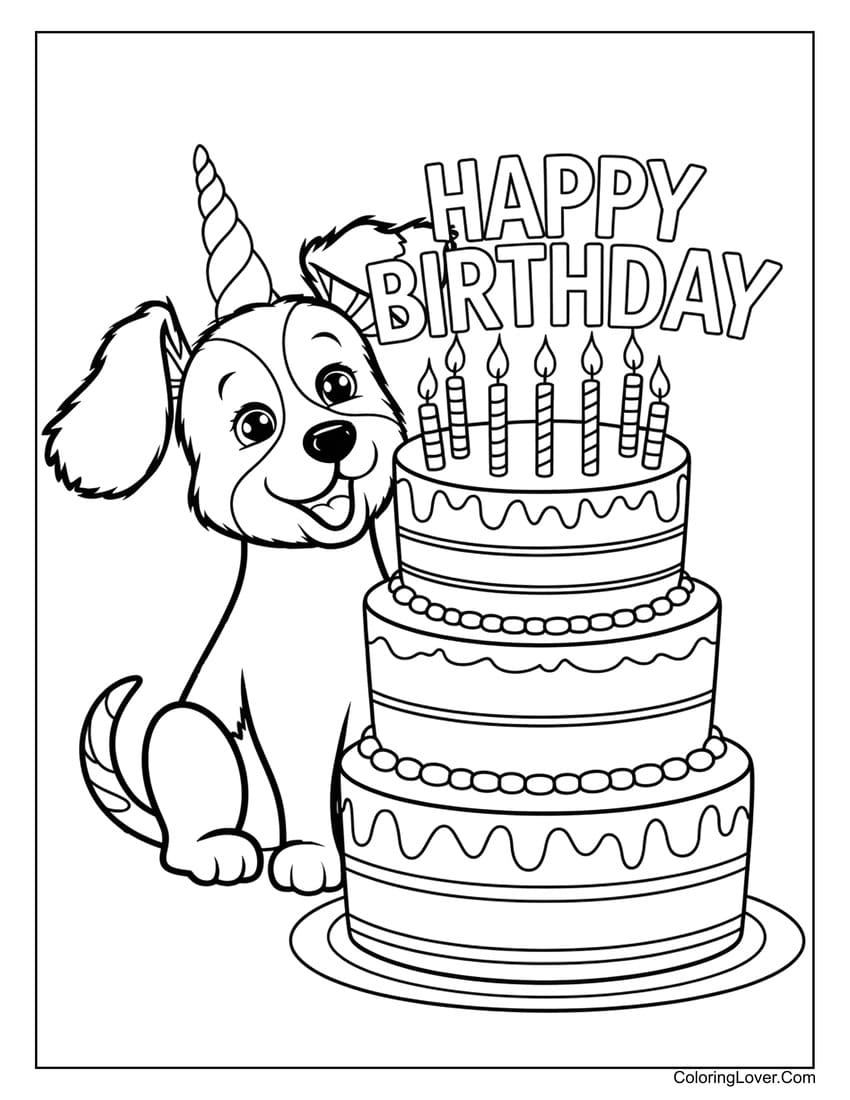 Birthday dog with cake coloring sheet for kids