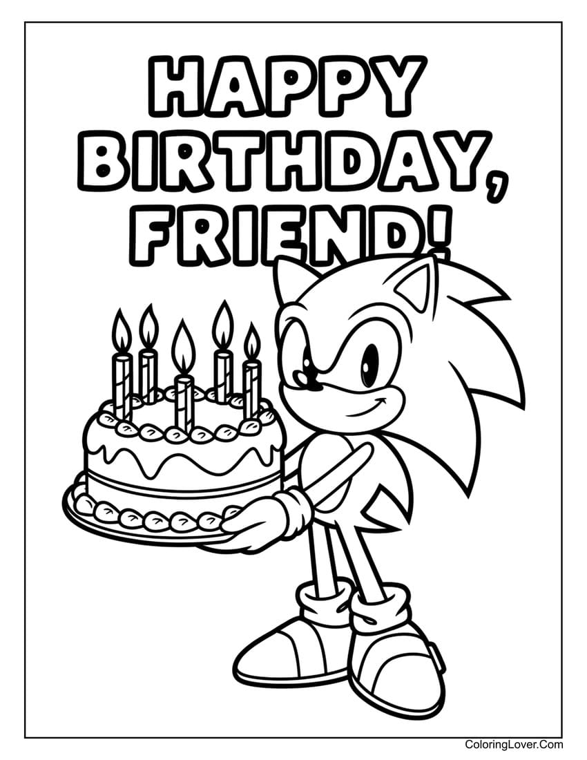 Birthday Sonic with cake coloring sheet