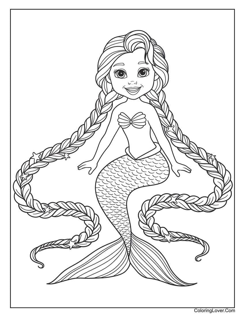 Braided mermaid hair coloring page for girls