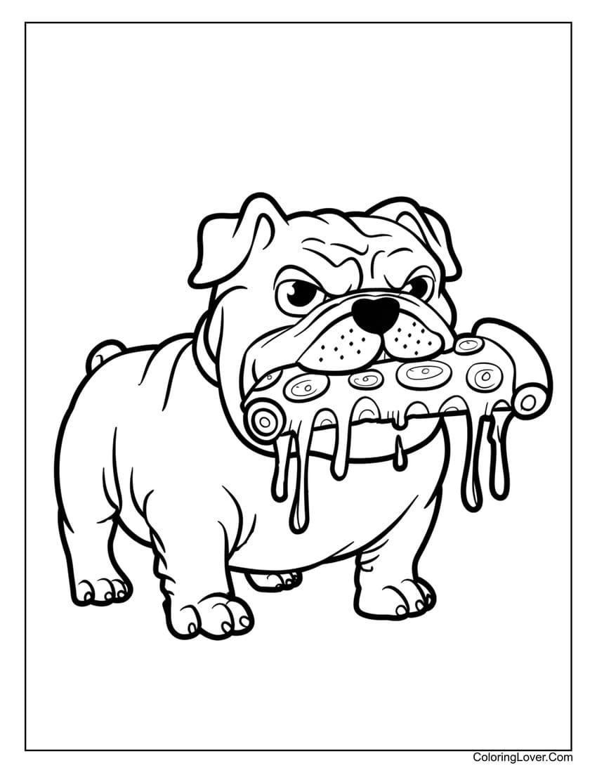 Bulldog coloring sheet holding a pizza slice