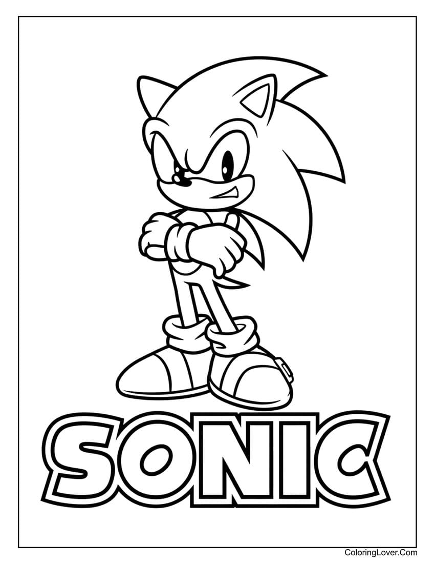 Confident Sonic with crossed arms coloring page for kids