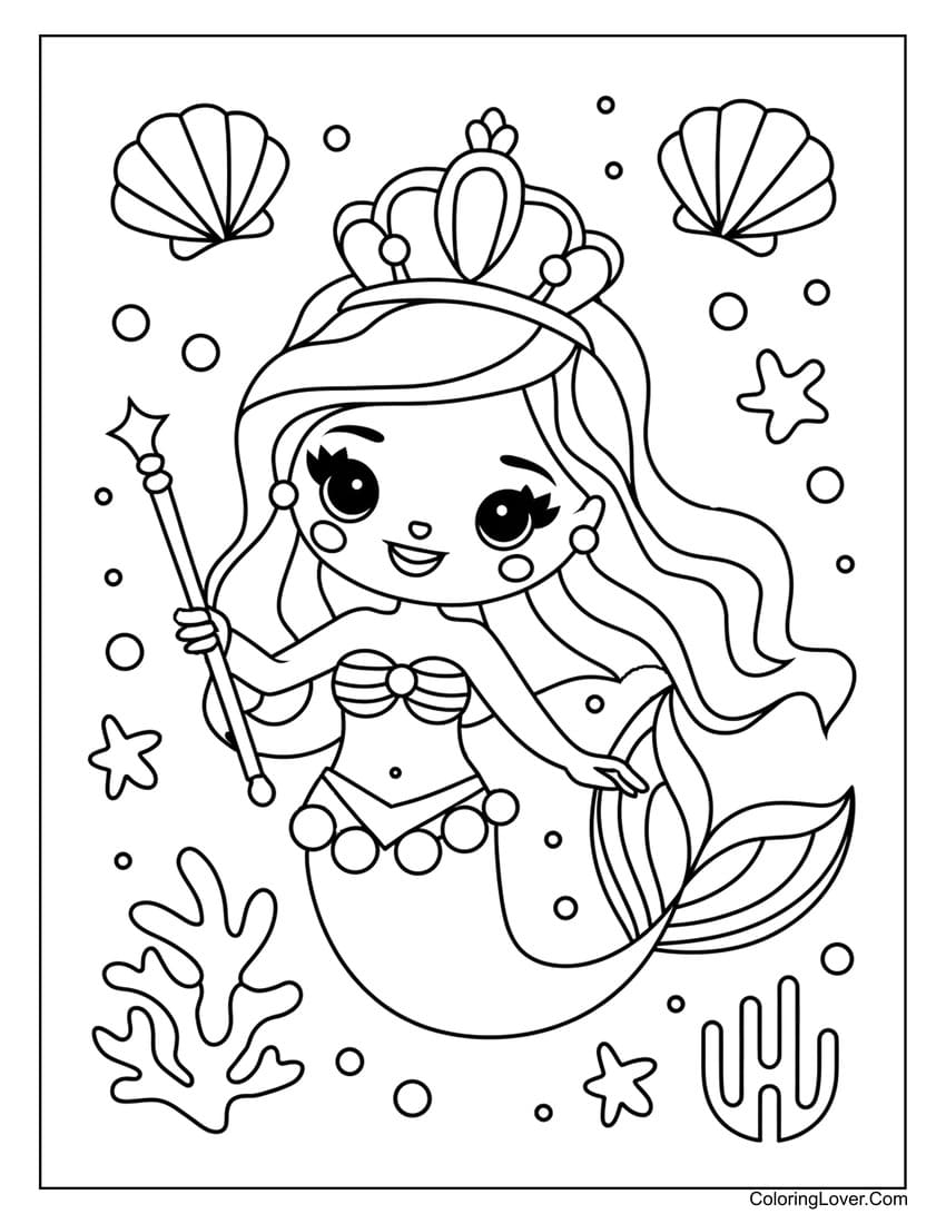 Crowned mermaid princess with wand coloring page