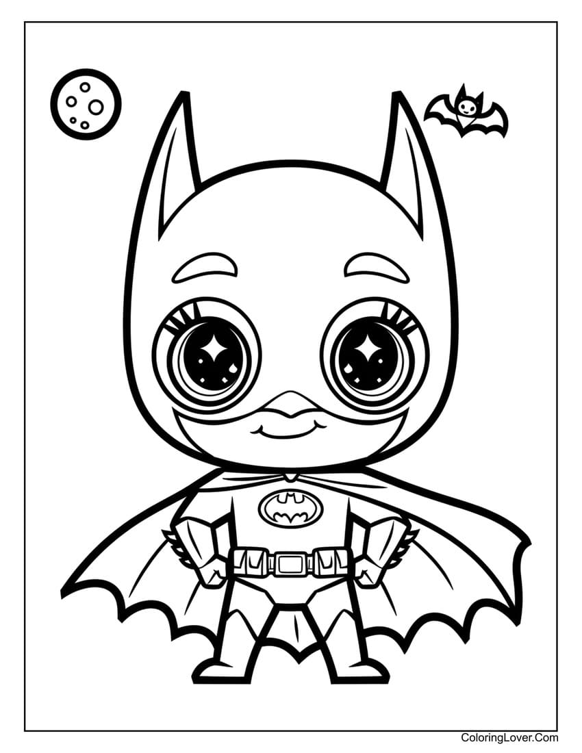 Cute Batman hero with moon coloring page for kids