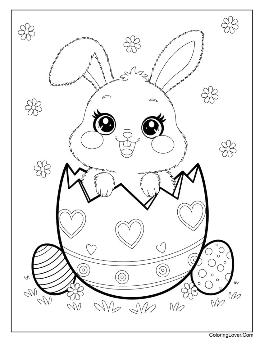 Cute bunny inside decorated Easter egg coloring page