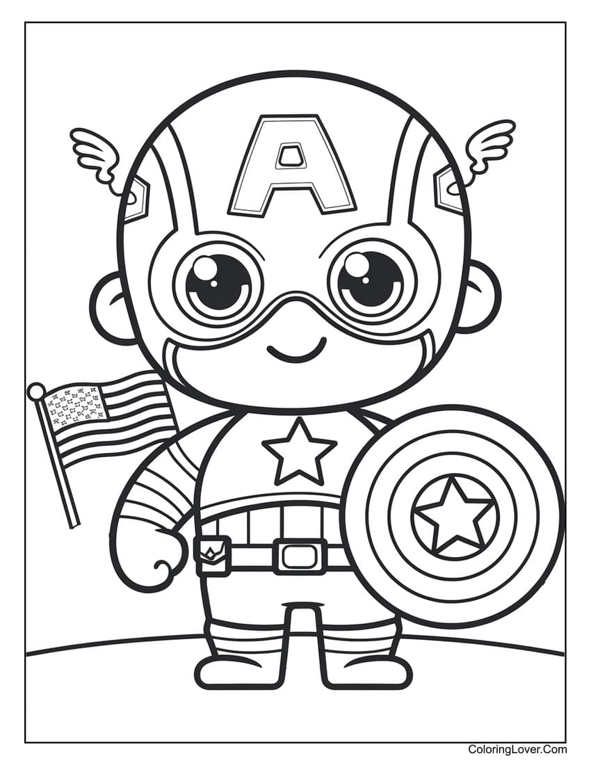 Cute Captain America with shield coloring page for kids