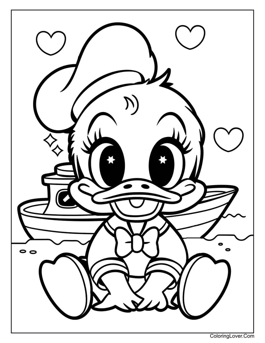 Cute Donald Duck sitting by a boat coloring sheet