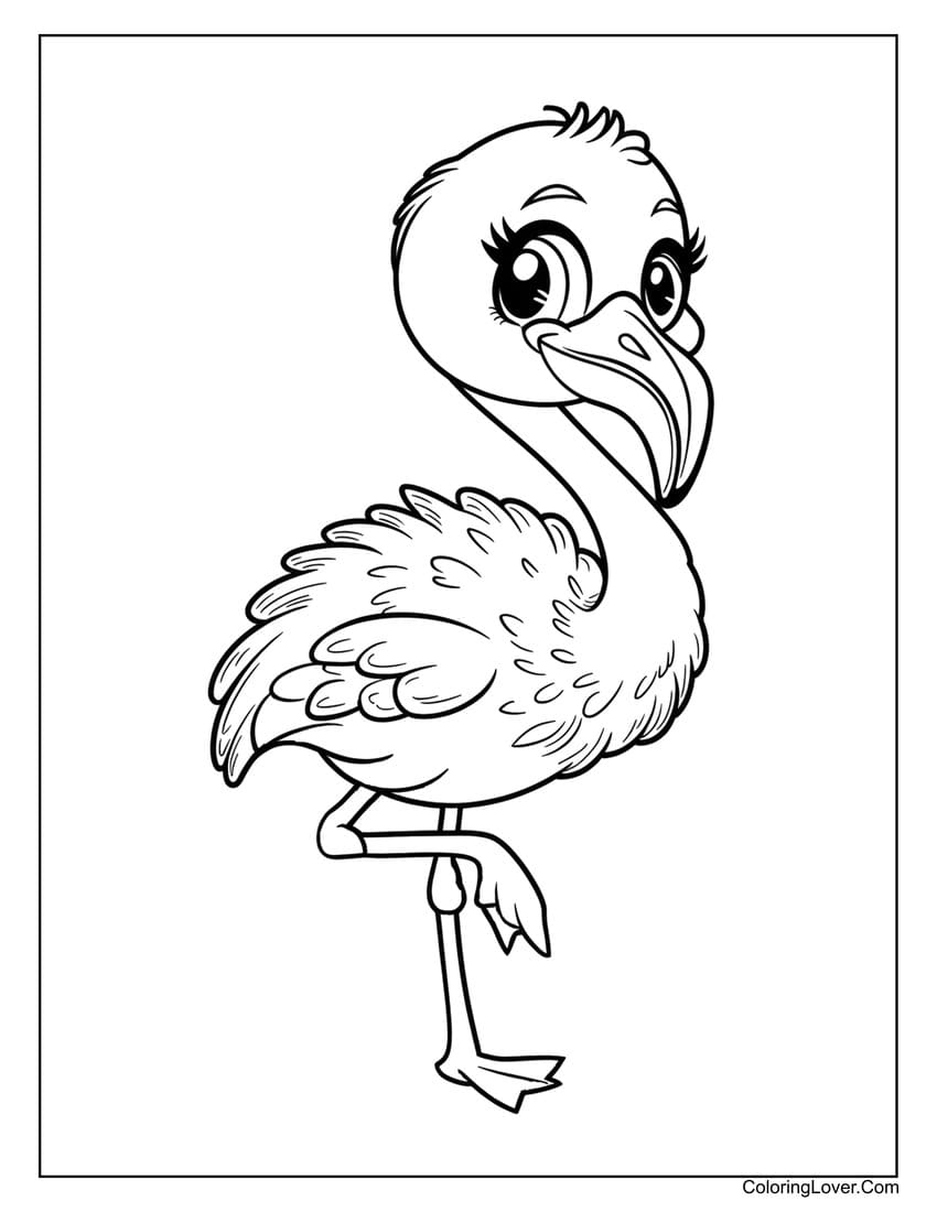 Cute flamingo bird standing coloring page for girls