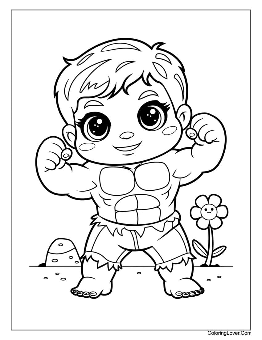 Cute Hulk flexing muscles coloring page for kids